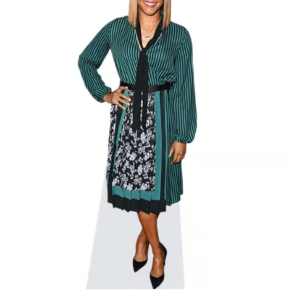 Eva Mendes Pleated Midi Dress XL Faux Wrap Floral Stripe Green Black Tie Neck